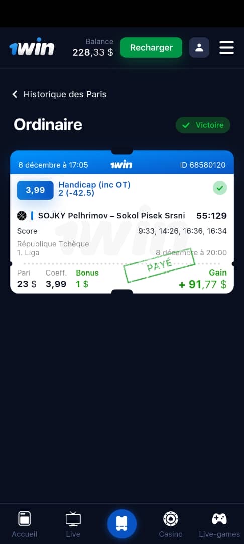 Pari handicap basket République Tchèque gagné +91$